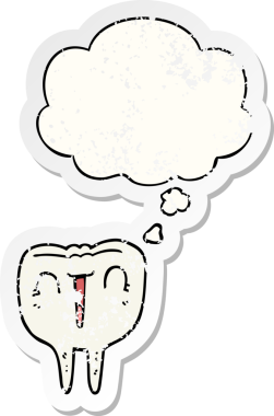 Düşünce baloncuklu çizgi film mutlu dişi bir insan tarafından çizilmiş yıpranmış bir çıkartma gibi