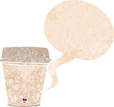 Bir insan tarafından çizilmiş grunge dertli retro desenli konuşma balonlu çizgi film kahve fincanı.