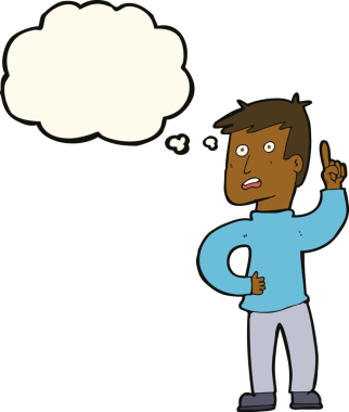 Bir insan tarafından çizilmiş düşünce baloncuğu fikri olan çizgi film çocuğu.