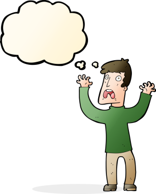 Bir insan tarafından çizilmiş düşünce baloncuğu olan korkmuş bir adam.