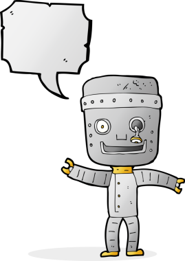 Bir insan tarafından çizilmiş komik, yaşlı bir robot.