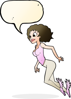 Bir insan tarafından çizilmiş konuşma balonlu uçan kadın.