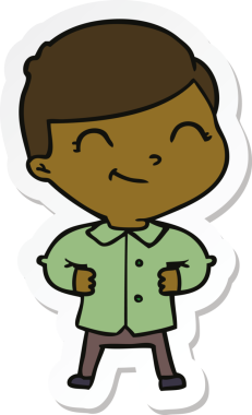 Bir insan tarafından çizilmiş kalçasında elleri olan bir çizgi film çocuğunun çıkartması.