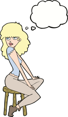 Bir insan tarafından çizilmiş düşünce baloncuğuyla poz veren karikatür kadın.