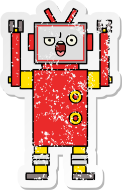 Bir insan tarafından çizilmiş kızgın bir robot çizgi film çıkartması.