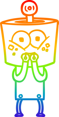 Gökkuşağı gradyan çizgisi çizen mutlu çizgi robot bir insan tarafından gergin bir şekilde çizildi.