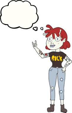 Serbest çizim düşünce balonu karikatürü uzaylı rock hayranı kız bir insan tarafından çizildi.