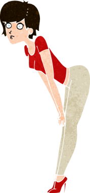 Çizgi filmdeki kadın bir insan tarafından çizilmiş bir şeye bakıyor.