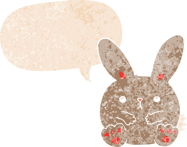 Konuşma baloncuğu olan çizgi film tavşanı bir insan tarafından çizilmiş dertli retro tarzı