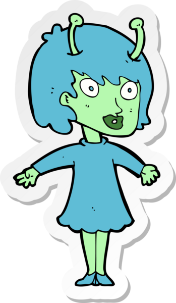 Bir insan tarafından çizilmiş uzaylı bir kadının çıkartması.