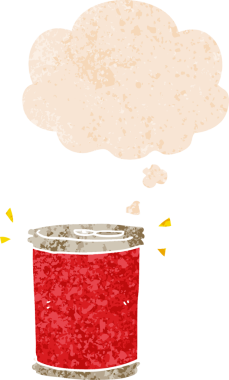 Düşünce baloncuğu ve grunge ile çizgi film soda kutusu bir insan tarafından çizilmiş sıkıntılı retro dokuma tarzı