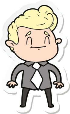 Bir insan tarafından çizilmiş ofis kıyafetleri içindeki mutlu bir çizgi film karakterinin çıkartması.