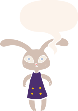 Konuşma baloncuğu olan sevimli çizgi film tavşanı insan tarafından çizilmiş.