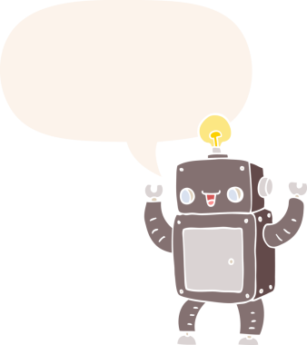 bir insan tarafından çizilmiş, konuşma baloncuklu çizgi film mutlu robotu.