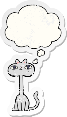 Düşünce baloncuğu olan çizgi film kedisi insan tarafından çizilmiş yıpranmış bir çıkartma.