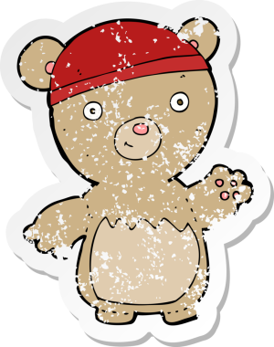 Bir insanın çizdiği şapkayı takan oyuncak ayının gerilimli retro çıkartması.