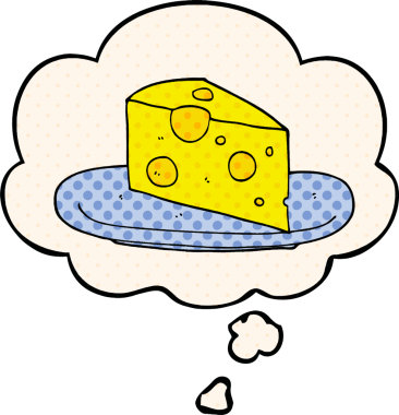 Çizgi roman tarzında bir insan tarafından çizilmiş düşünce baloncuklu çizgi film peyniri.