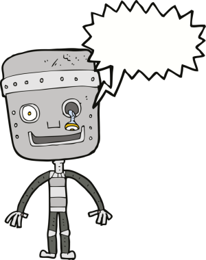 Bir insan tarafından çizilmiş konuşma balonlu komik robot.