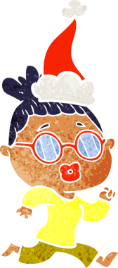 Bir insanın çizdiği Noel Baba şapkası takan gözlüklü bir kadının el çizimi karikatürü.