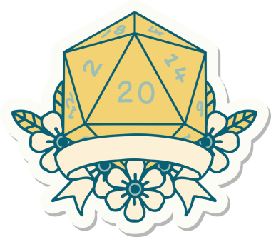 Bir insan tarafından çizilmiş 20 kritik vuruşluk D20 zar etiketi.