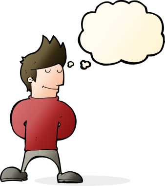 Bir insan tarafından çizilmiş düşünce balonlu mutlu adam çizgi filmi.