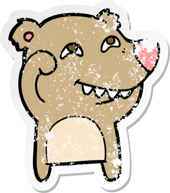 Bir insan tarafından çizilmiş dişleri gösteren bir çizgi film ayısının sıkıntılı çıkartması.