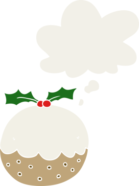Düşünce baloncuklu noel pudingi insan tarafından çizilmiş retro tarzı.