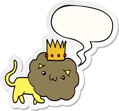 Bir insan tarafından çizilmiş konuşma kabarcığı etiketli, taçlı çizgi film aslanı.