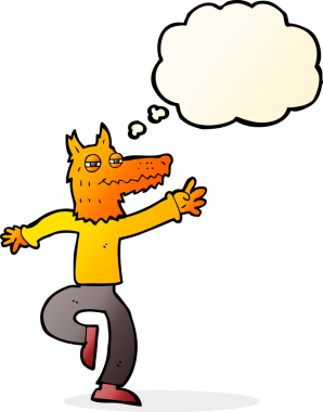 Bir insan tarafından çizilmiş düşünce balonlu mutlu tilki adam.