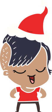 Mutlu el çizimi düz renk çizimi Noel Baba şapkası giyen bir kız bir insan tarafından çizilmiş.