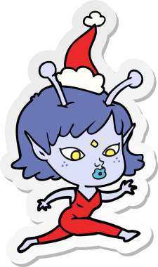 Bir insan tarafından çizilmiş Noel Baba şapkasıyla koşan uzaylı bir kızın güzel el yazısı.