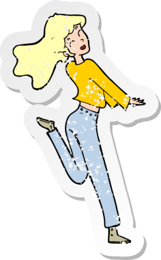 Çizgi filmin gerilimli yapıştırması. Mutlu kız, bir insan tarafından çizilmiş bacağı tekmeliyor.