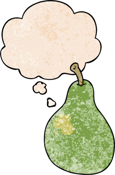 Bir insan tarafından çizilmiş grunge doku tarzında düşünce baloncuğu olan armut çizgi filmi.