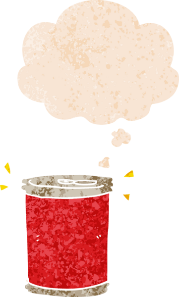 Düşünce baloncuğu ve grunge ile çizgi film soda kutusu bir insan tarafından çizilmiş sıkıntılı retro dokuma tarzı