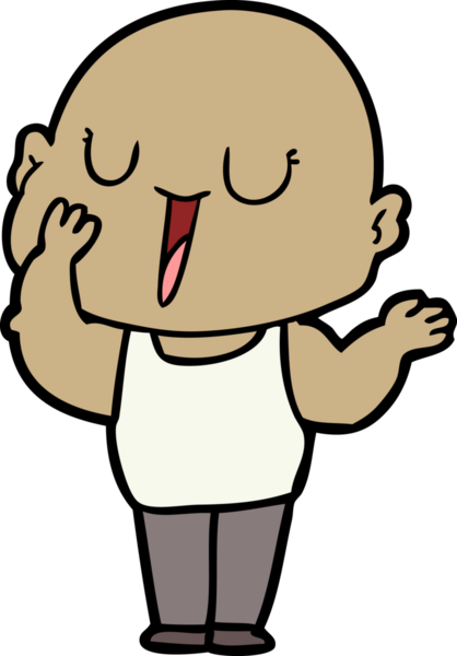 Bir insan tarafından çizilmiş mutlu, kel bir adam.