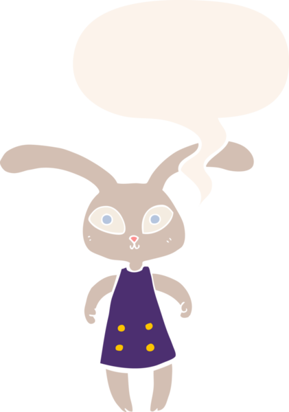 Konuşma baloncuğu olan sevimli çizgi film tavşanı insan tarafından çizilmiş.