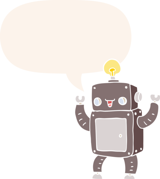 bir insan tarafından çizilmiş, konuşma baloncuklu çizgi film mutlu robotu.