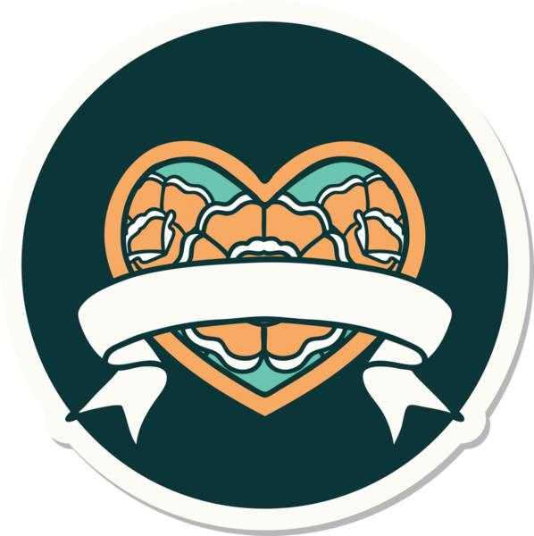 Geleneksel kalp stili dövme çıkartması ve bir insan tarafından çizilmiş çiçekli pankart.