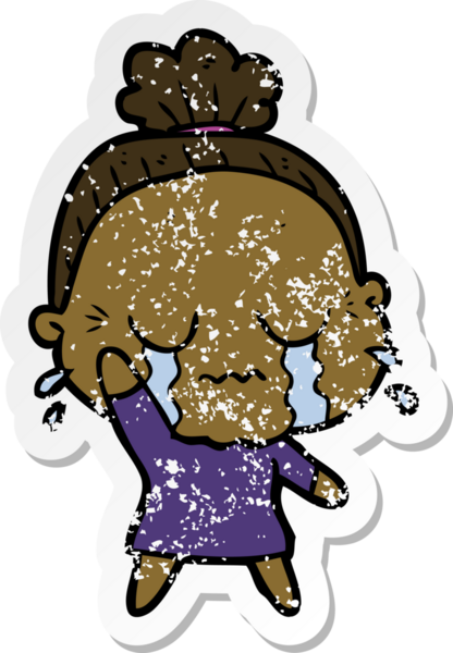 Bir insan tarafından çizilmiş, ağlayan yaşlı bir kadın karikatürü.