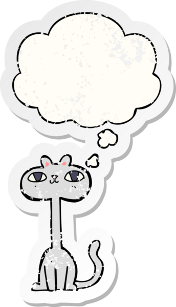 Düşünce baloncuğu olan çizgi film kedisi insan tarafından çizilmiş yıpranmış bir çıkartma.