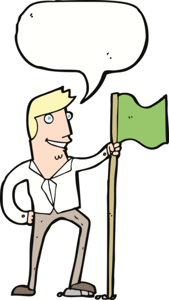 Bir insan tarafından çizilmiş konuşma baloncuğuyla bayrak diken çizgi film adamı.