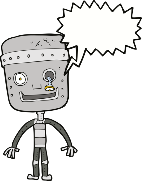 Bir insan tarafından çizilmiş konuşma balonlu komik robot.