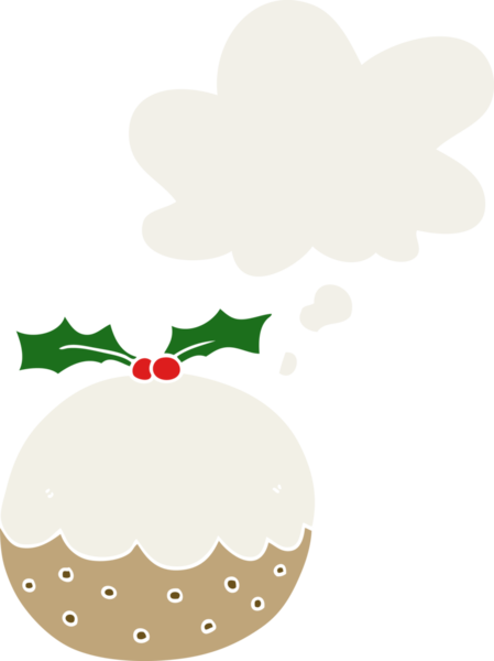 Düşünce baloncuklu noel pudingi insan tarafından çizilmiş retro tarzı.