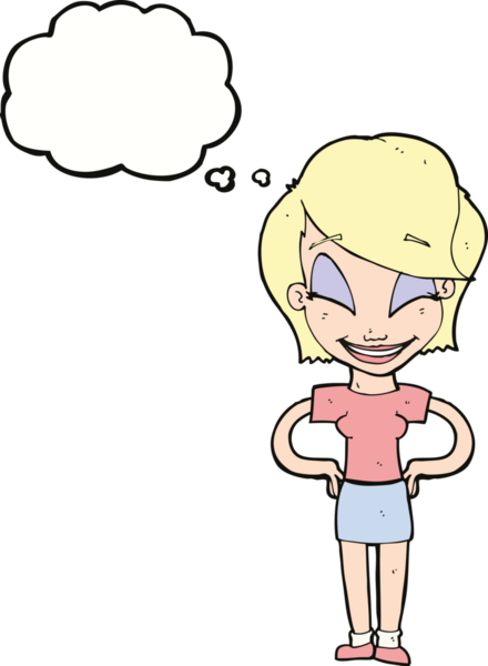 Bir insan tarafından çizilmiş düşünce baloncuğu olan elleri kalçasında çizgi film kadını.