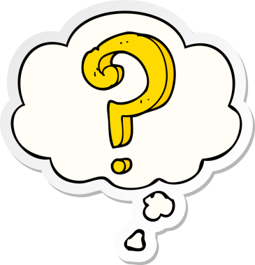 insan tarafından çizilmiş bir çıkartma olarak düşünce baloncuğu ile çizgi film soru işareti