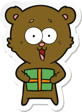 Bir insan tarafından çizilmiş Noel hediyeli gülen oyuncak ayının çıkartması.