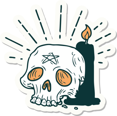 Bir dövme stili, ürkütücü kafatası ve bir insan tarafından çizilmiş mum.