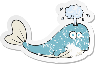 Bir insan tarafından çizilmiş suyu püskürten karikatür balinasının geriletilmiş yapıştırması.