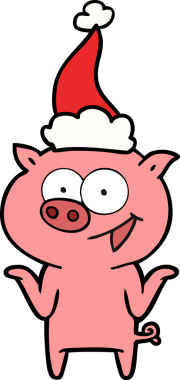Bir insan tarafından çizilmiş Noel Baba şapkası takan bir domuzun el çizimi.
