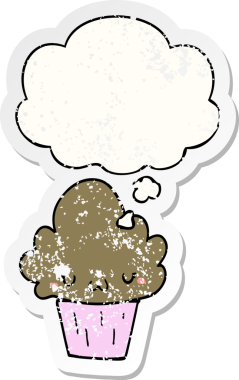 Yüzünde düşünce kabarcığı olan çizgi film keki insan tarafından çizilmiş yıpranmış bir çıkartma gibi.